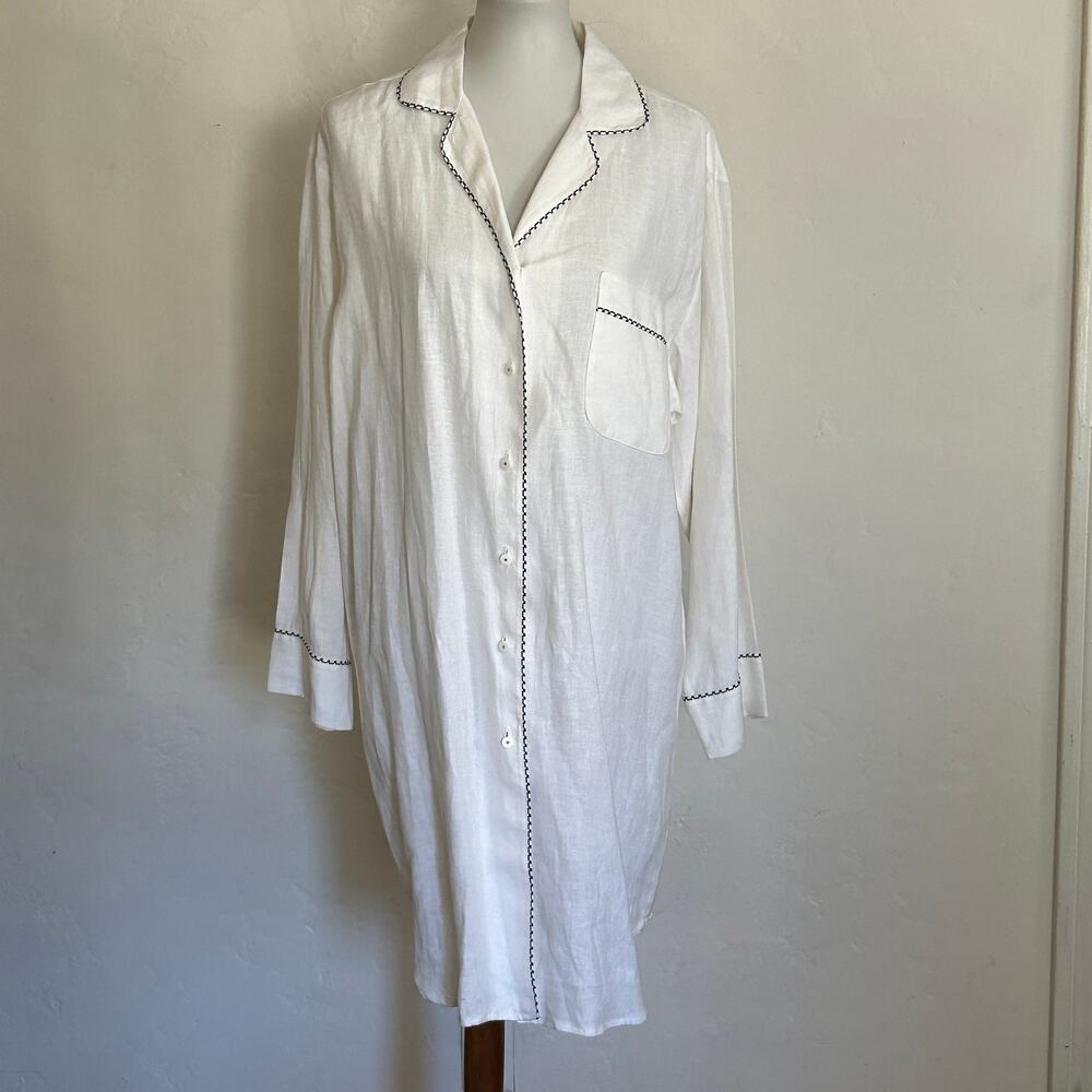 NWT ABH Design White Linen Button Down Night Shirt With Black Check Trim